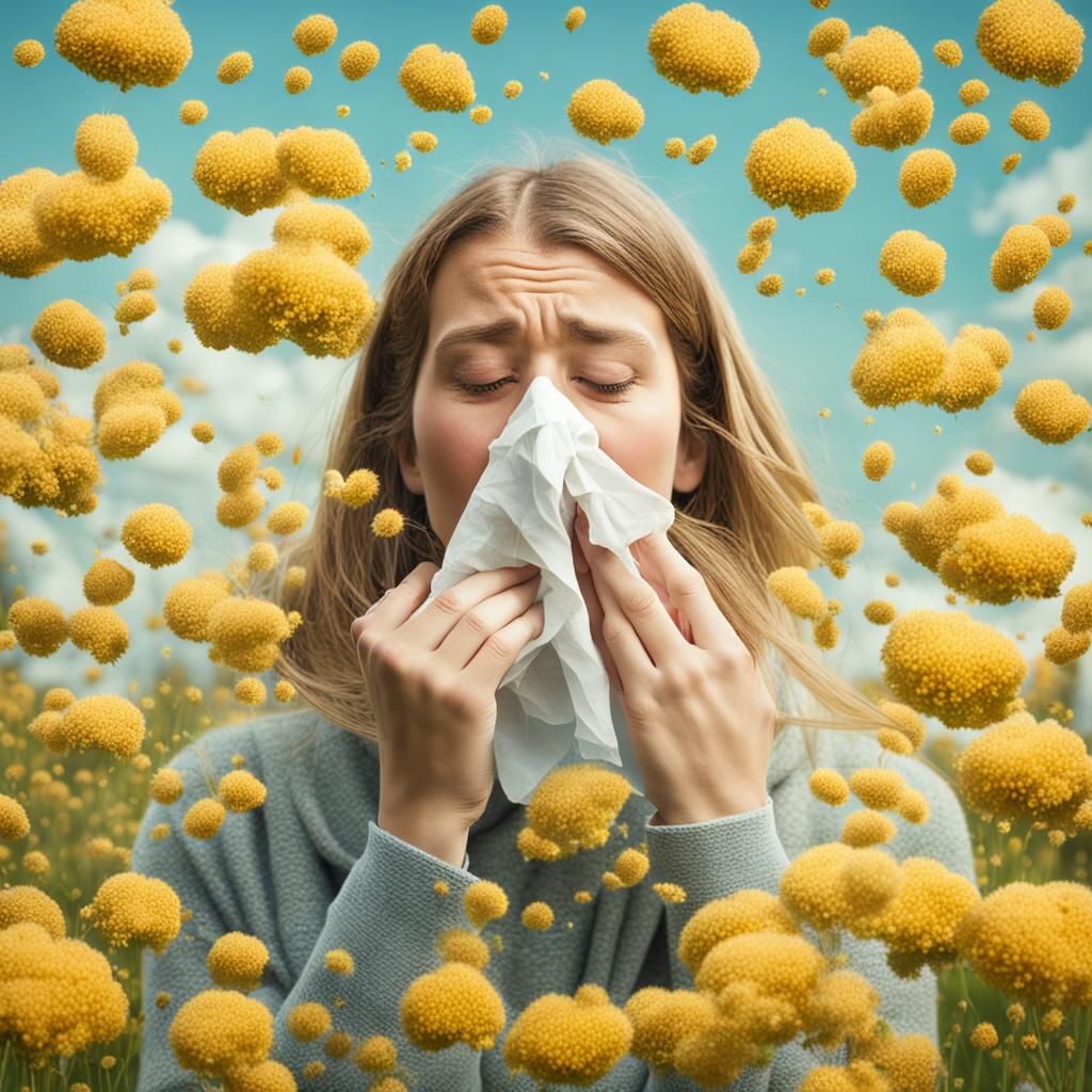 Allergy Sufferer Surrounded by Oversized Pollen