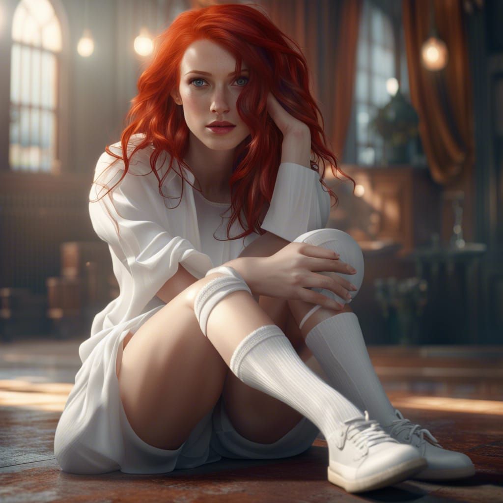 Redhead Model in White Socks: Detailed Matte Painting