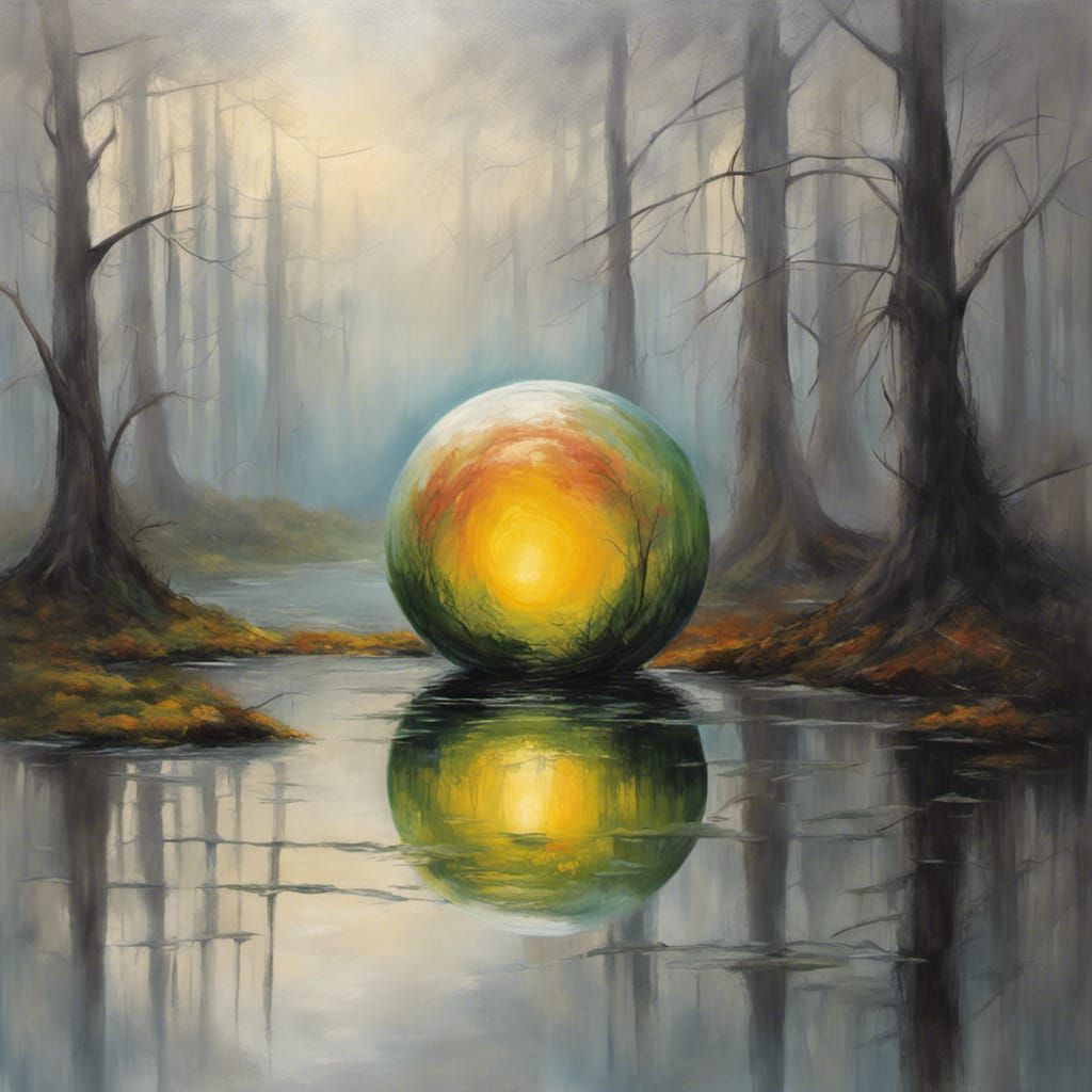 Abstract Acrylic Painting of Energy Orb in Swamp