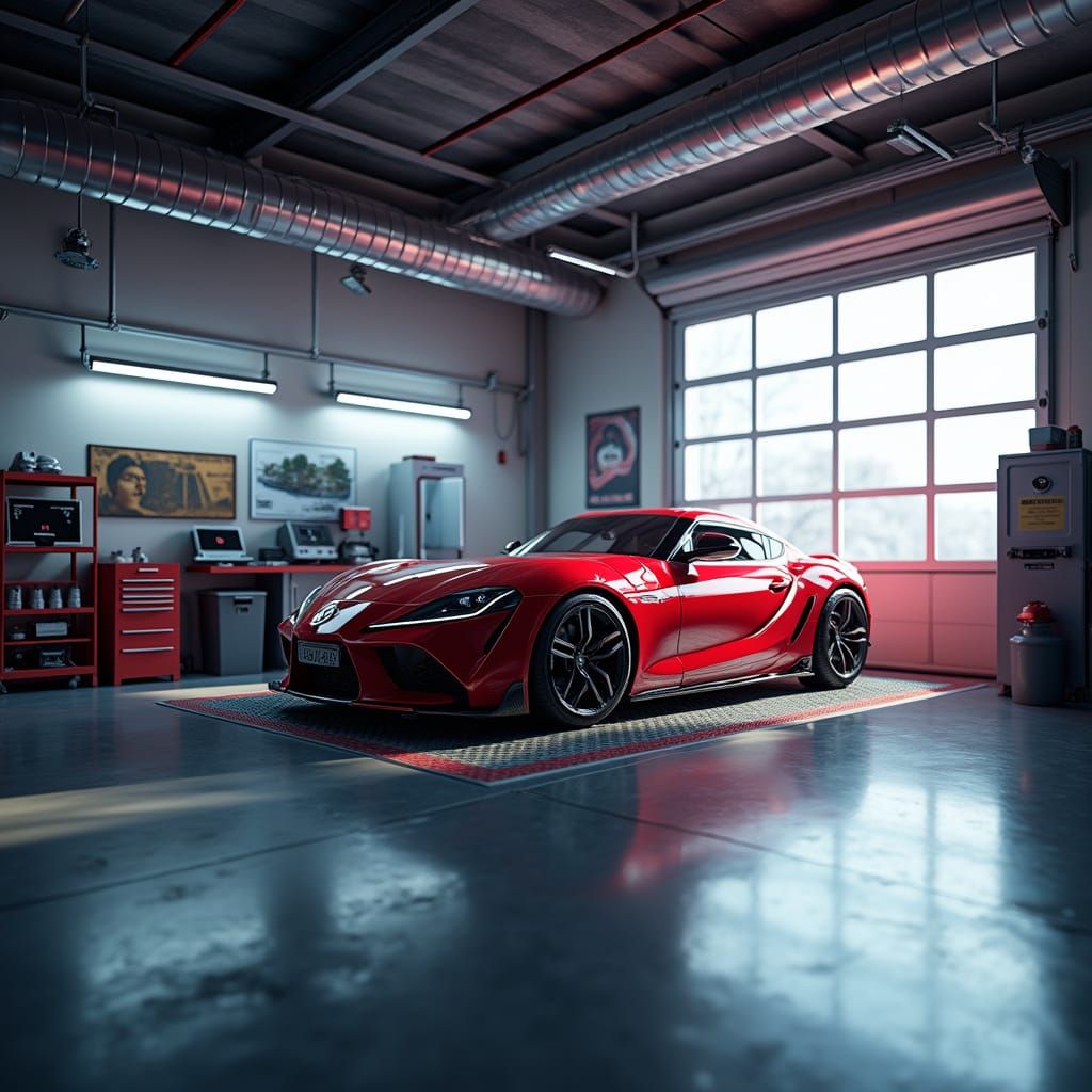 Modern Auto Service Garage with Red Sports Car