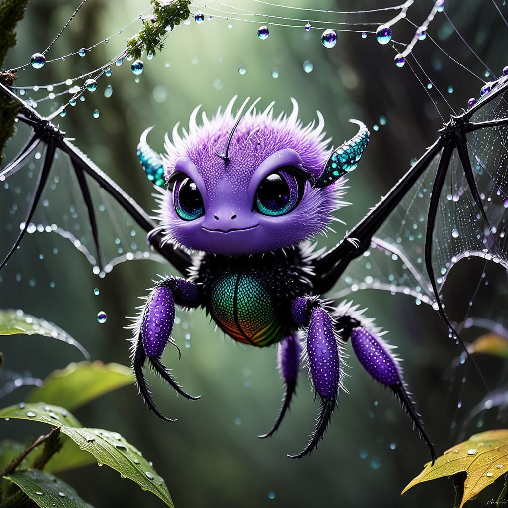 Cute Chibi Dragon on Spiderweb, Detailed Digital Art