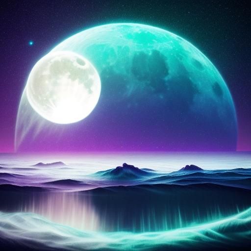 Bioluminescent Moon and Planets over Ethereal Waves