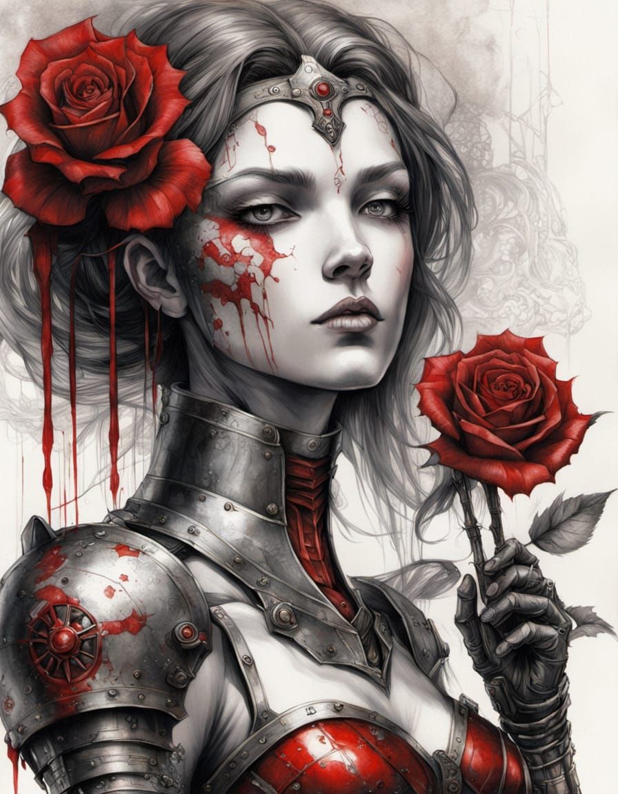 Cyborg Woman with Rose: Charcoal Sketch Style