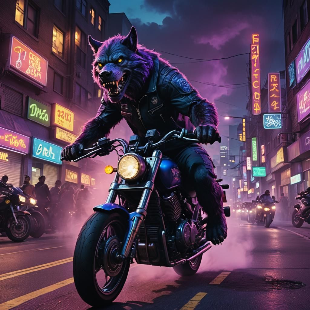 Werewolf Biker Rides Through Neon Cityscape