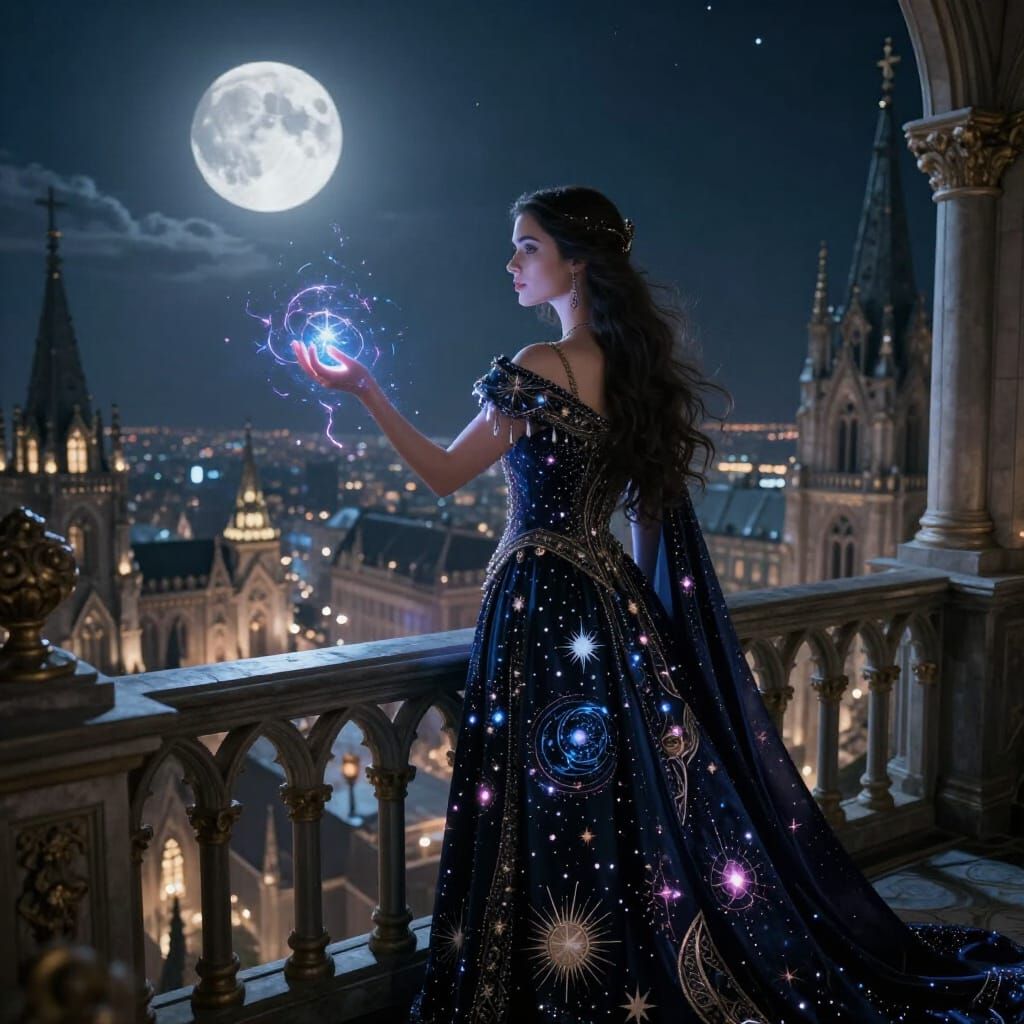Regal Sorceress on Moonlit Balcony Overlooking Gothic City