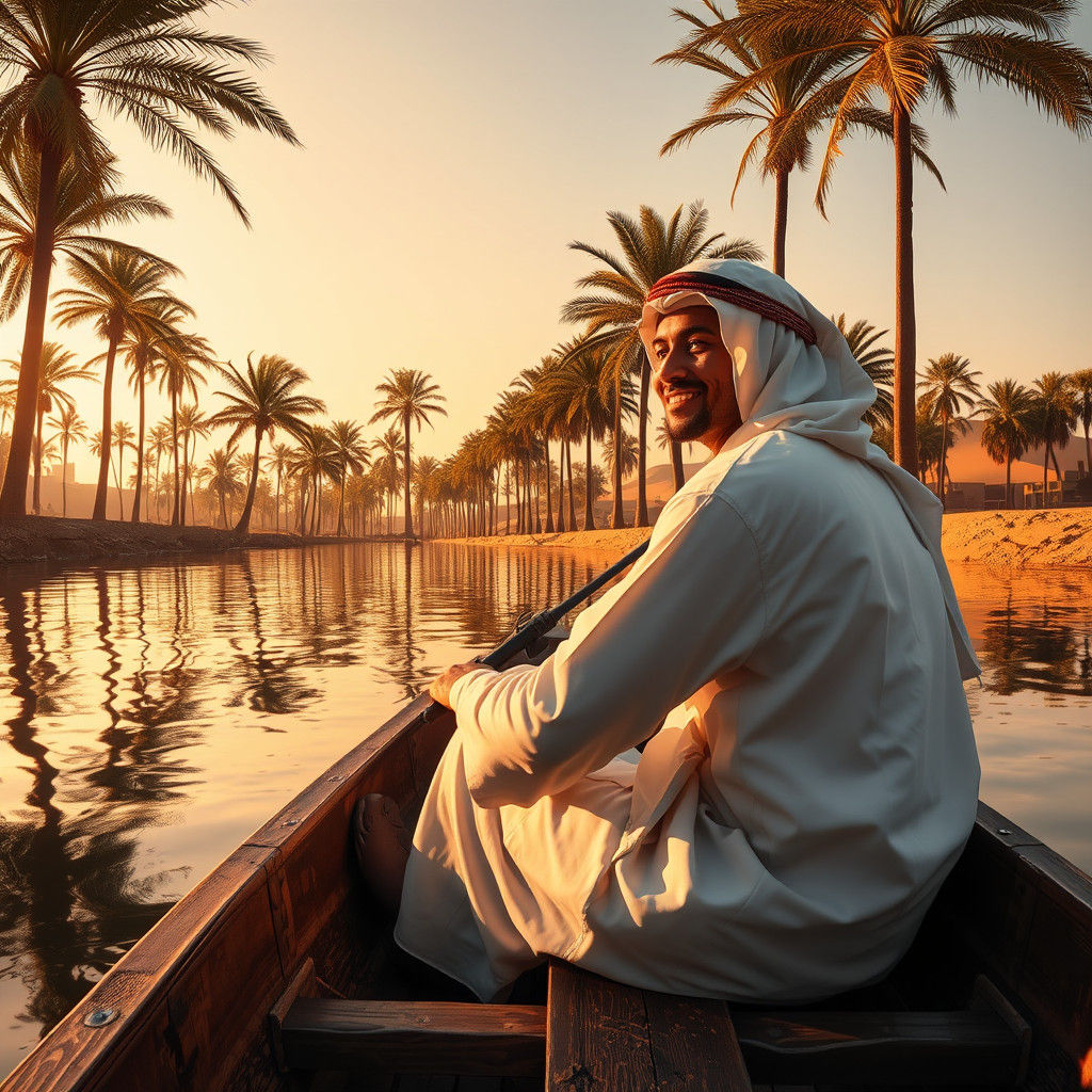 Arab Fisherman in Sunset Landscape, Digital Art