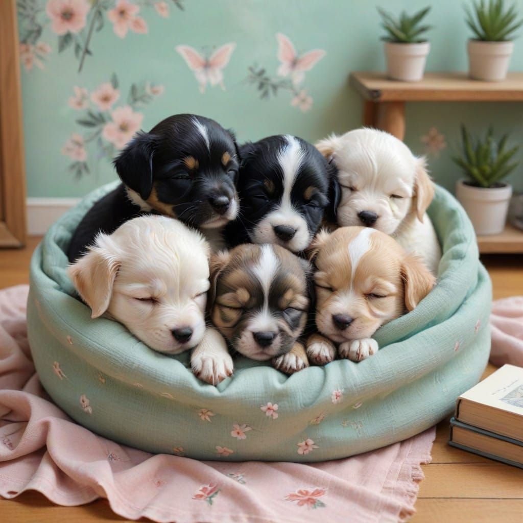 Sleeping Puppies in Whimsical Watercolor Style