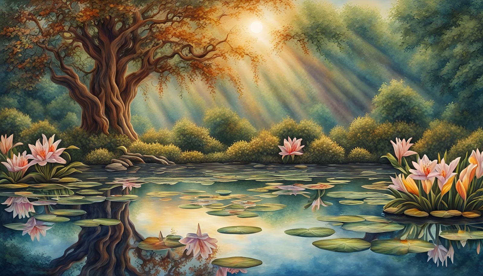 Hyperrealistic Lily Pond with Tree of Life in Watercolor
