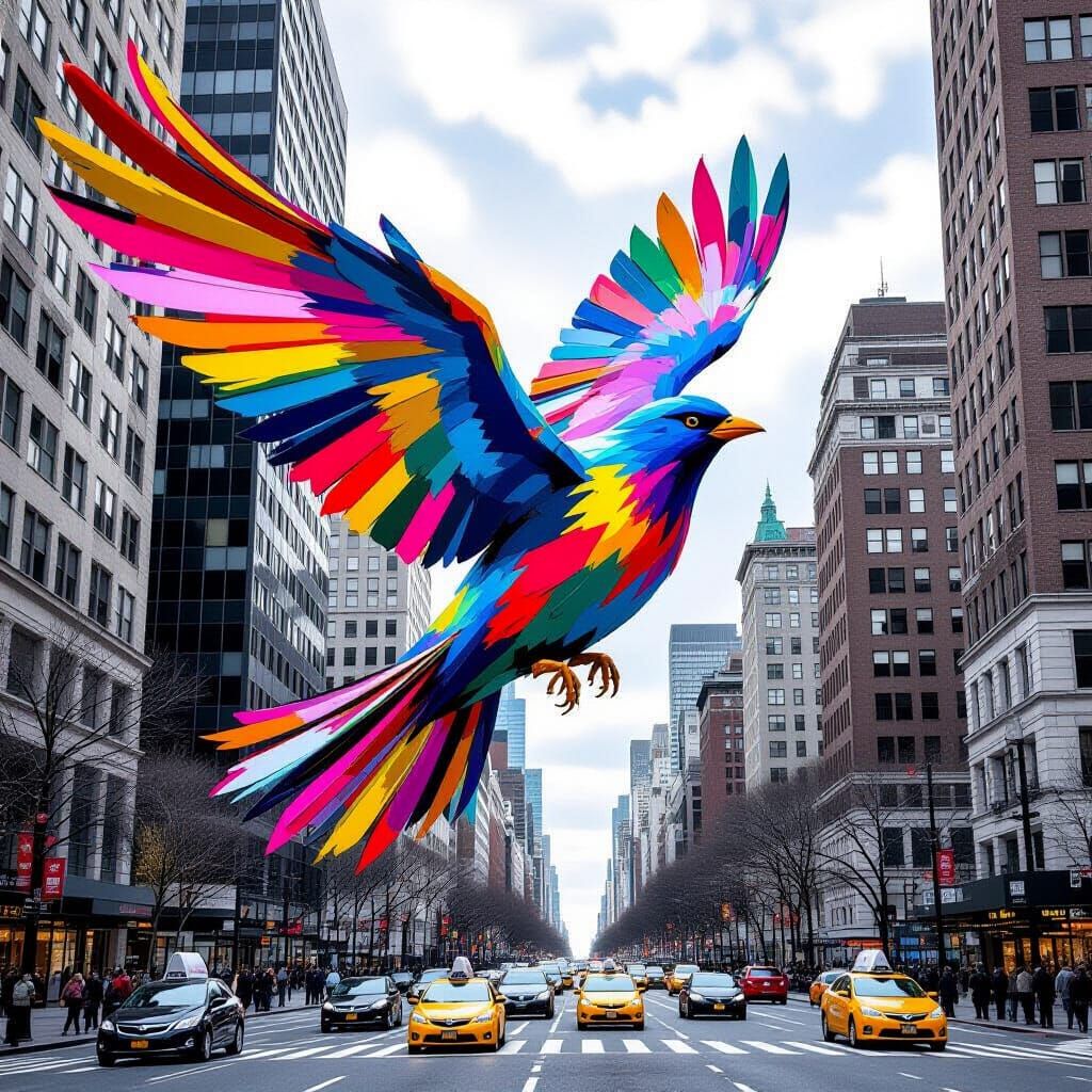 Abstract Expressionist Bird Sculpture Over Cityscape