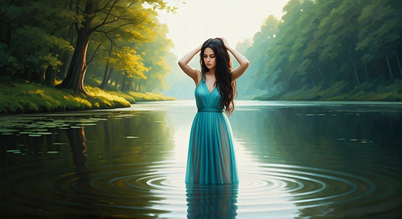 Woman in Tranquil Lake Landscape, Soft Light and Serene Mood