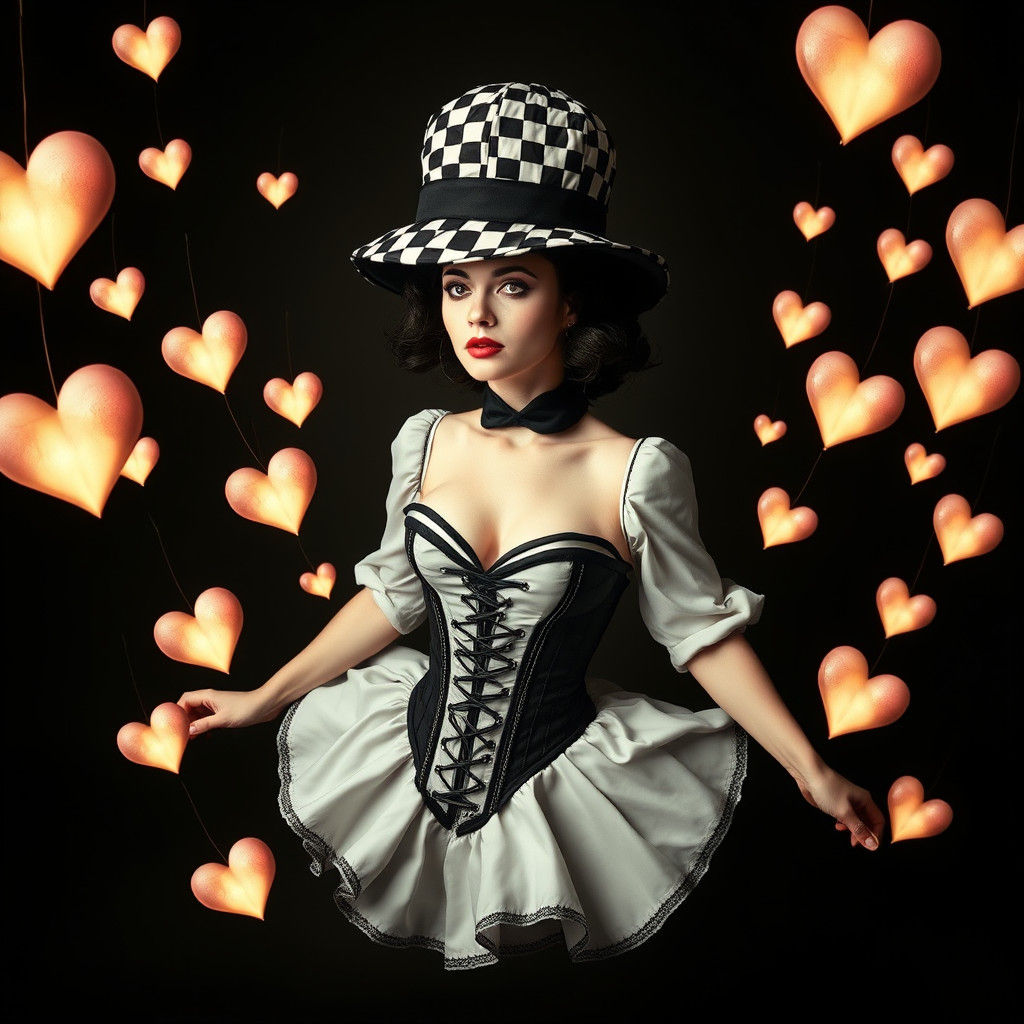 Surreal Woman in Checkerboard Hat with Hearts
