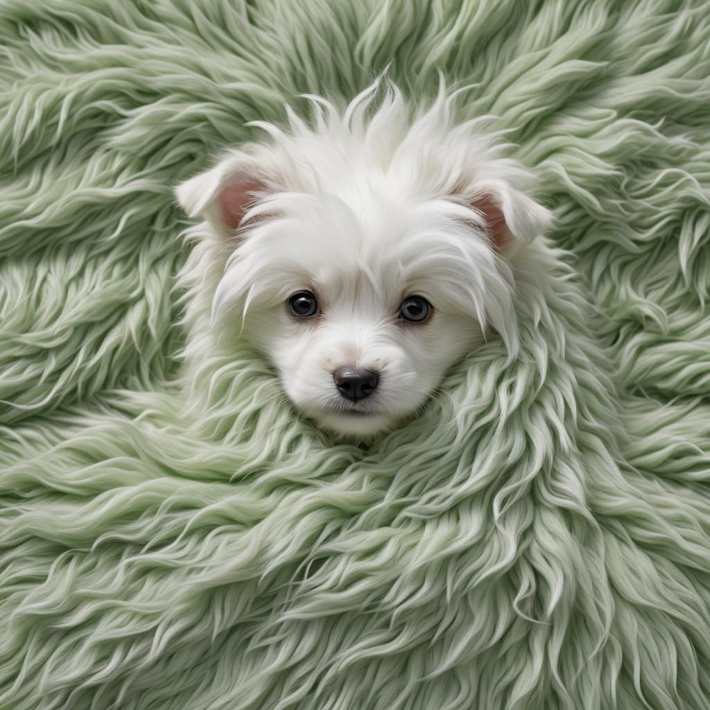 Fluffy White Puppy Peeks Out From Green Blanket