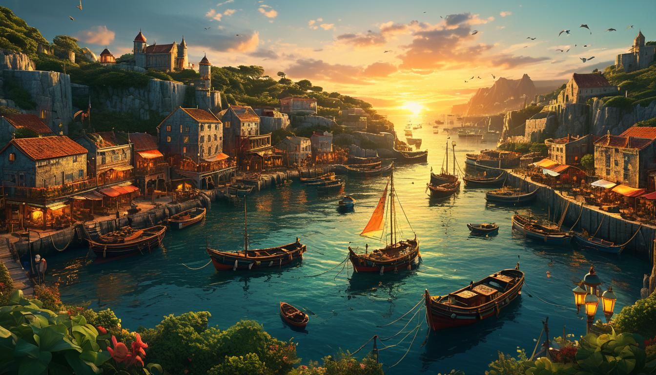 Vibrant Fantasy Harbour Scene in Hyperrealistic Detail