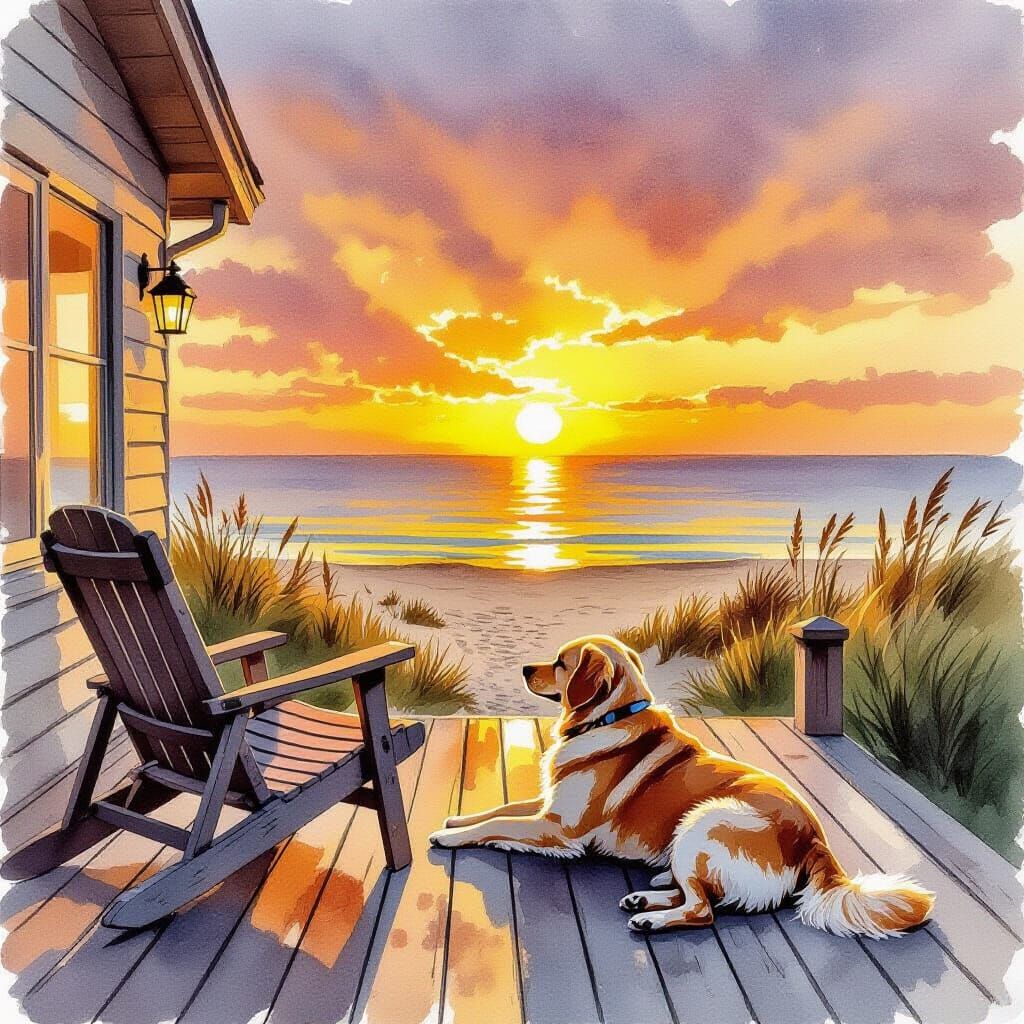 Sunset Serenity: Labrador and Cottage by the Sea