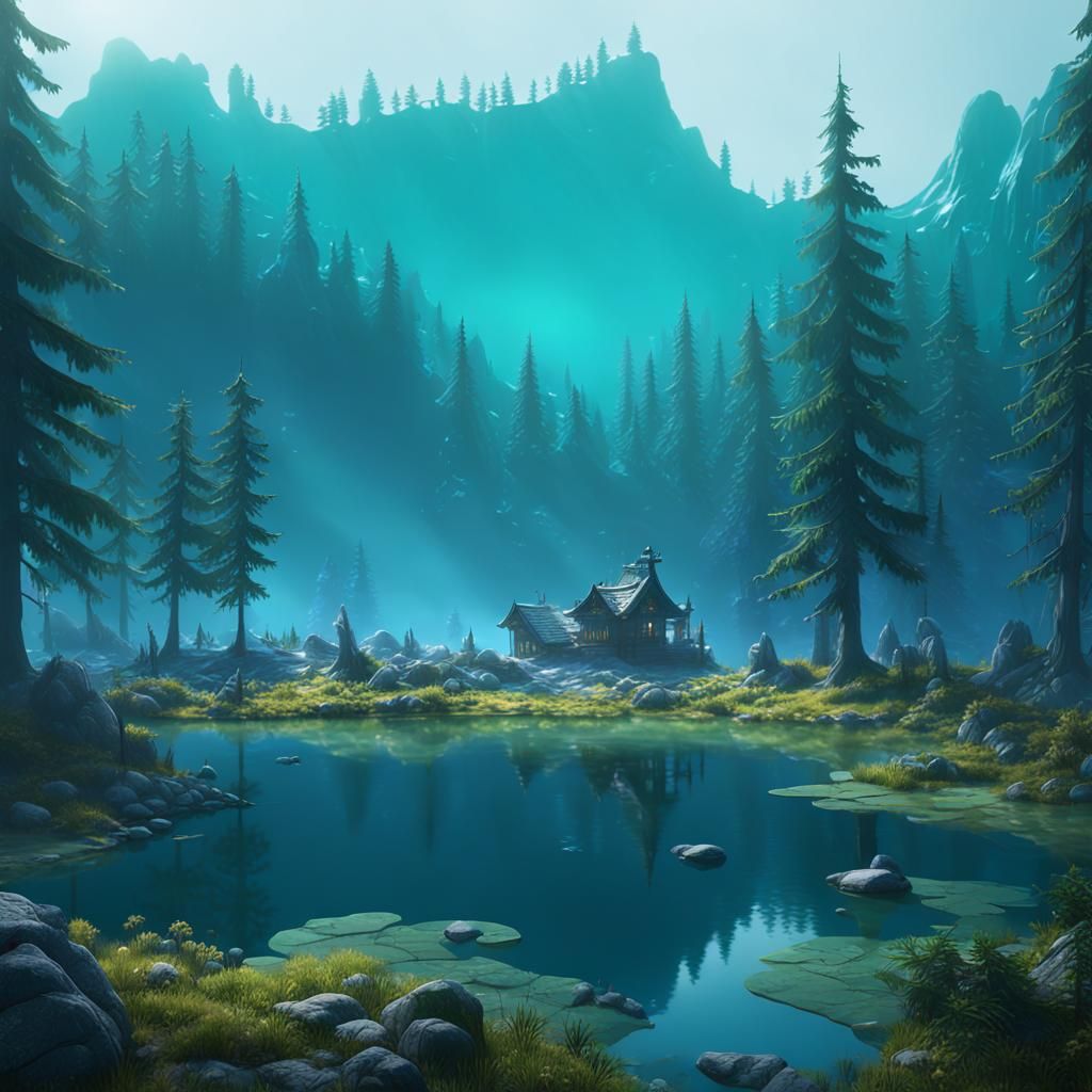 Misty Forest Lake: Detailed Fantasy Concept Art