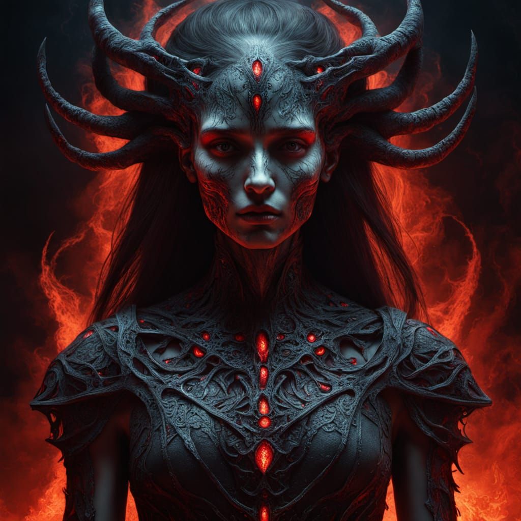 Surreal Portrait of Woman in Hellfire Dress with Jewel Scars