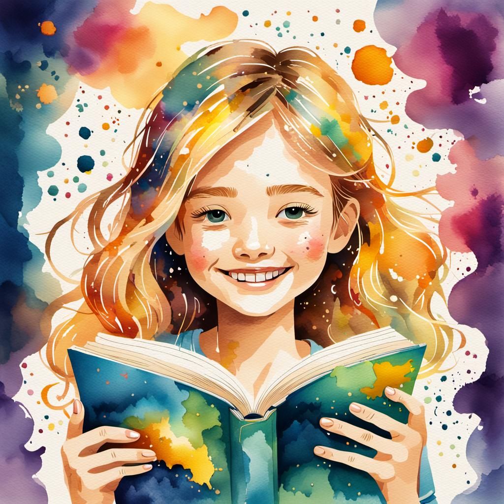 Girl Pulled into Book: Whimsical Watercolor Illustration