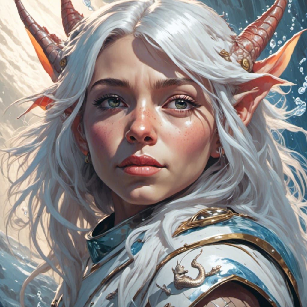 Cinematic White Water Dragon in Elven Lacquer Style