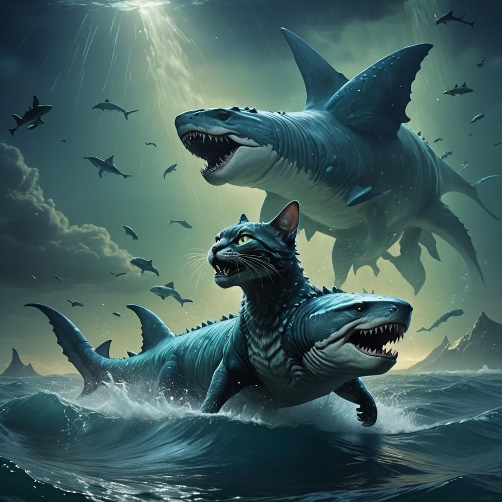 Fairy Cat Rides Bioluminescent Megalodon in Misty Ocean