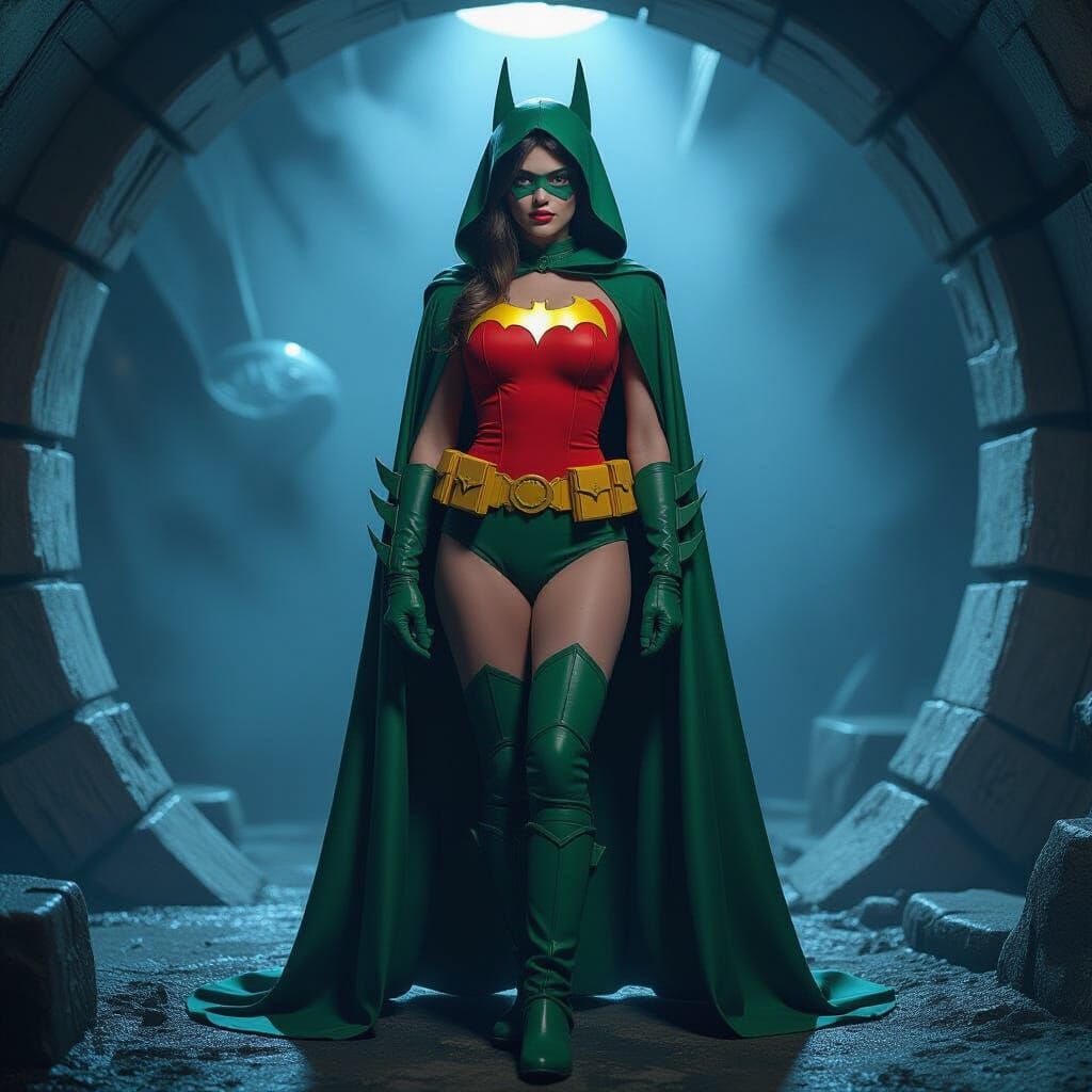 Robin Cosplayer in a Misty Batcave, Ethereal Fantasy Style