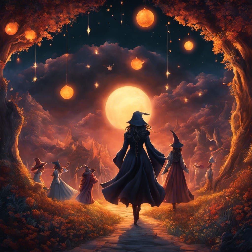 Witches Gazing at the Moon: Digital Art Illustration