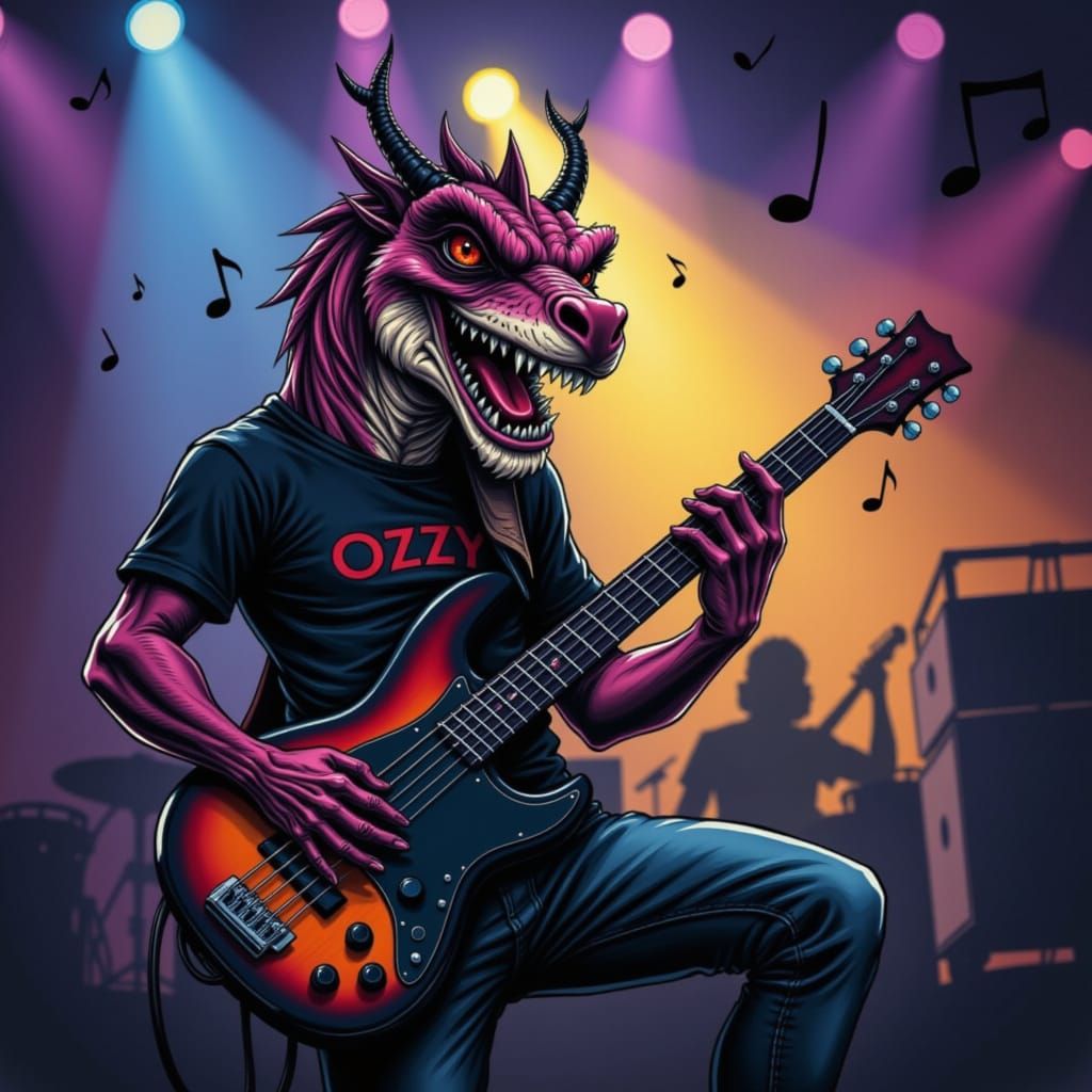 Bearded Dragon Rock Star Plays Bass Guitar
