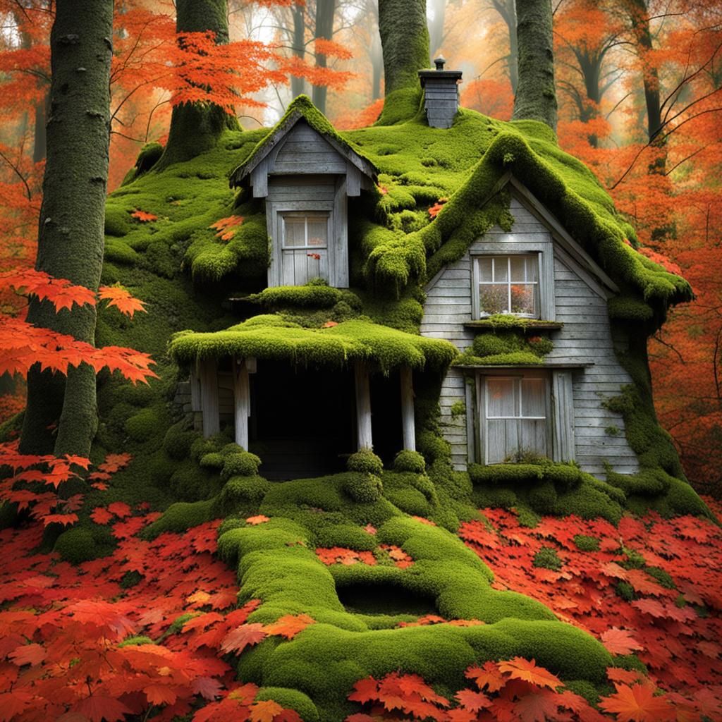 Surreal Dwelling Overrun by Moss and Maple Leaves