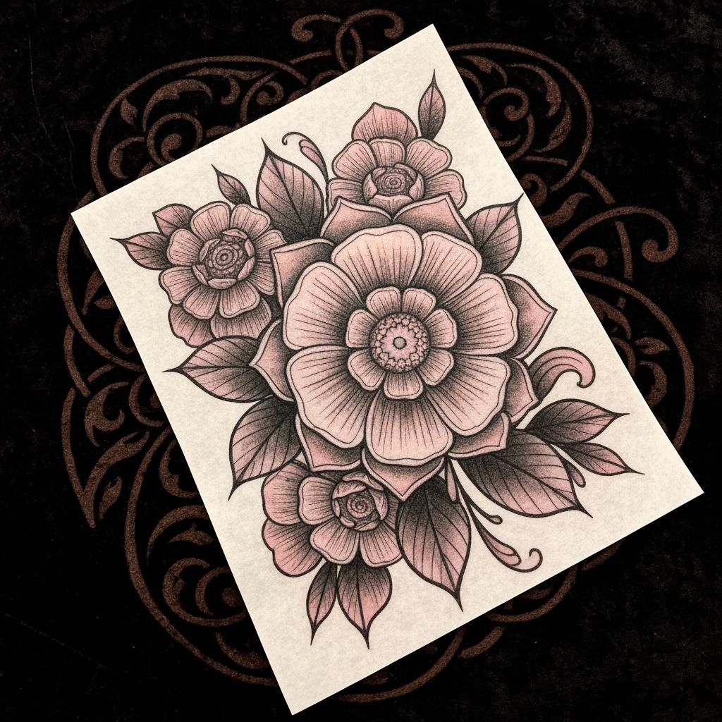 Ornate Floral Tattoo Art in 1920s Style