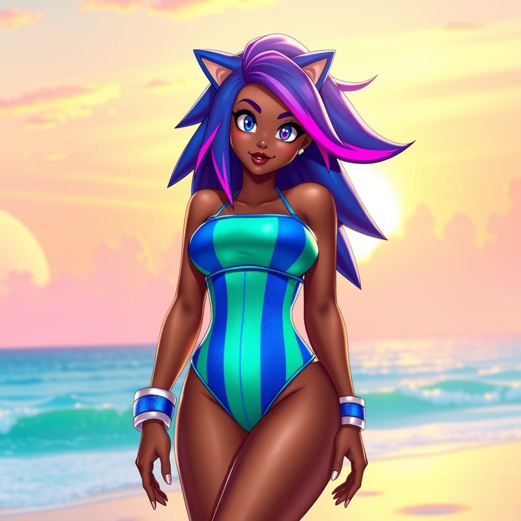 Curvy Sonic Girl Soars on Vibrant Beach
