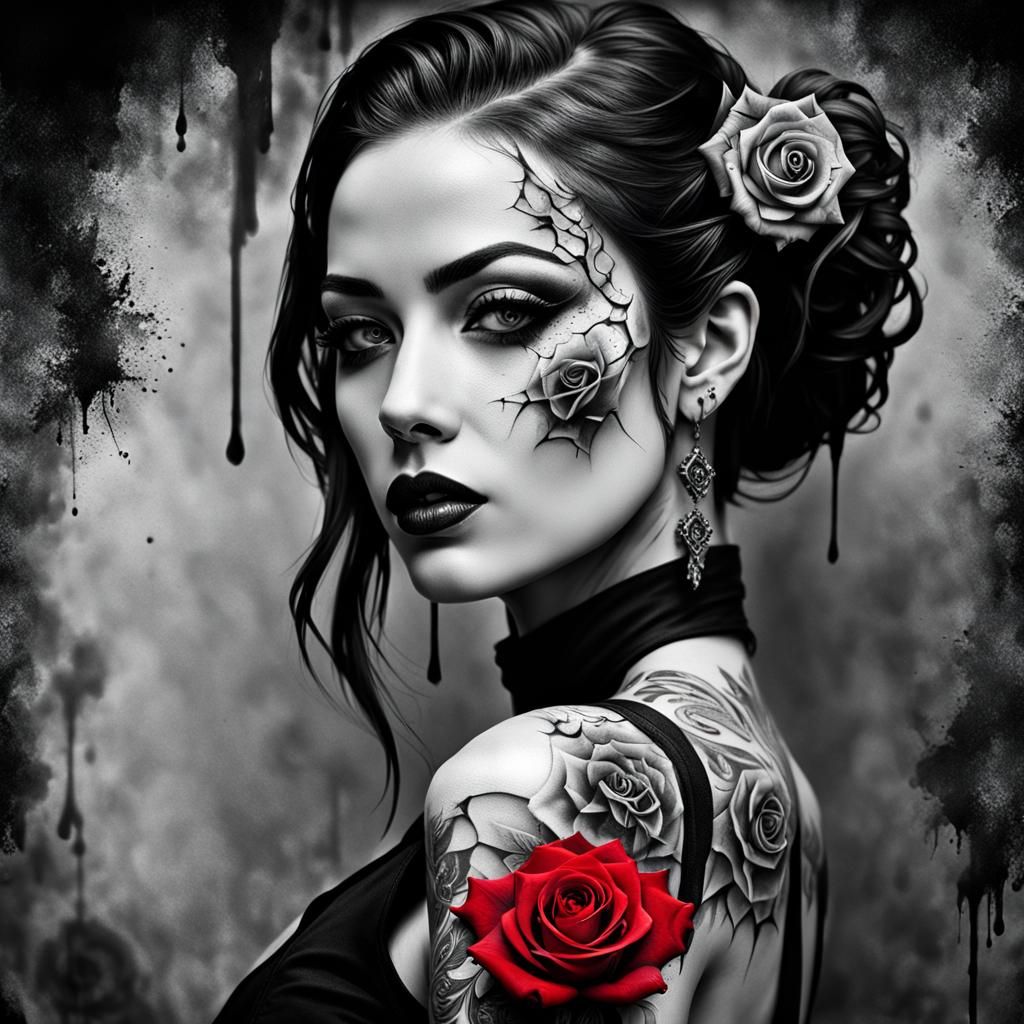 Gothic Girl Portrait with Red Rose Tattoo in Splash Art