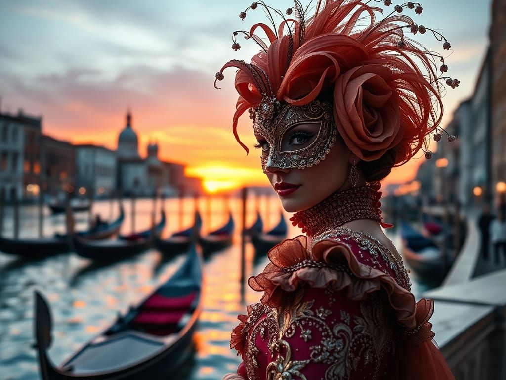 Venetian Carnival Woman in Golden Hour Sunset