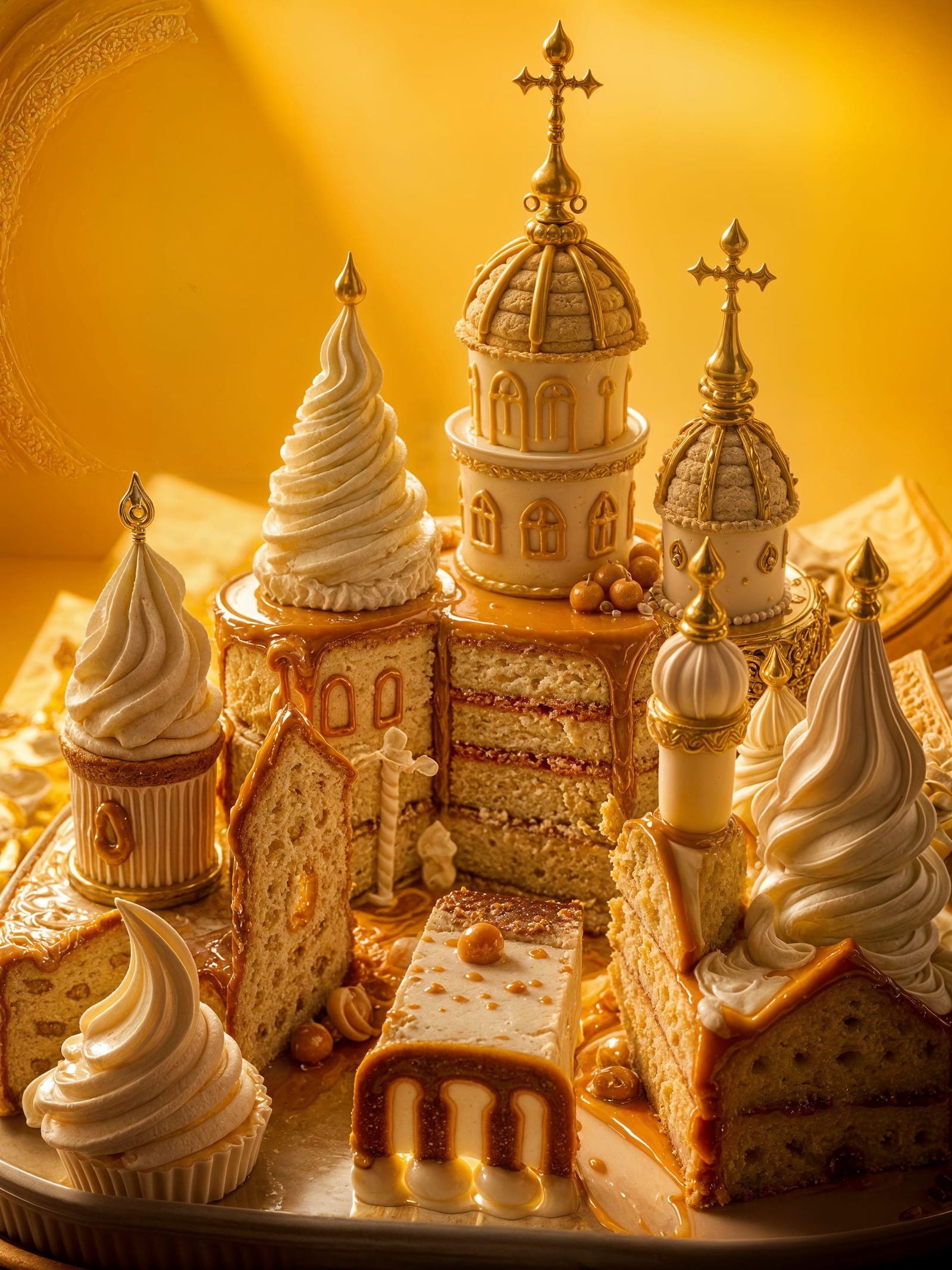 Cream Cake City Bathed in Golden Light: Digital Art