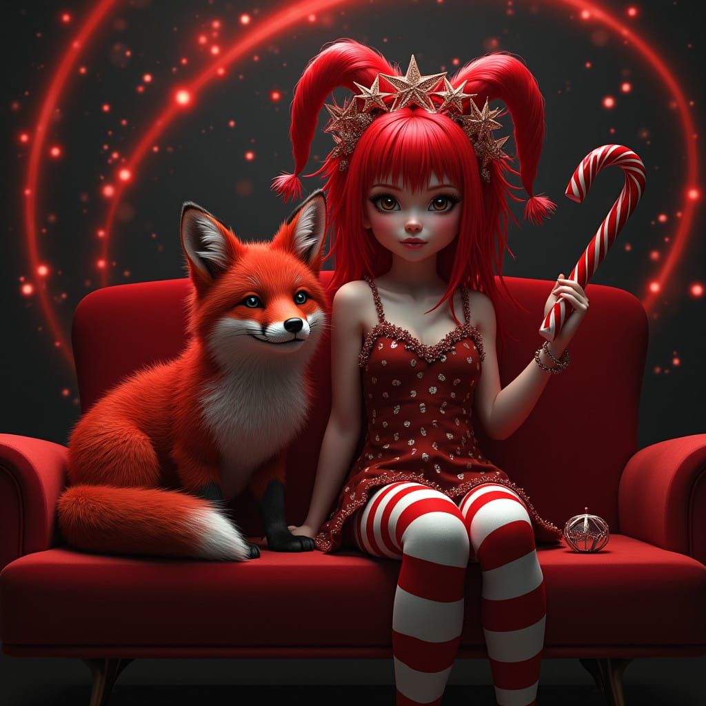 High Contrast Digital 3D Art of Whimsical Christmas Girl wit...