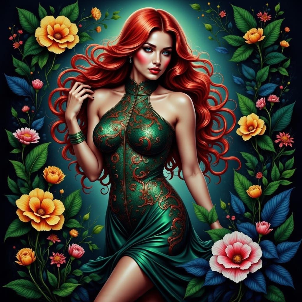 Surreal Portrait of Poison Ivy in Thai Pattern Attire