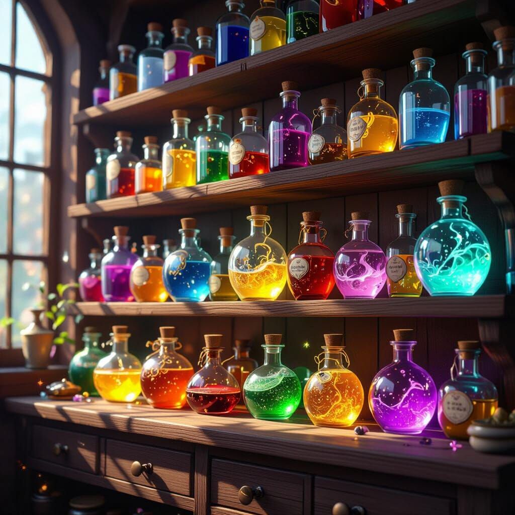 Magical Potion Collection on Wooden Shelves