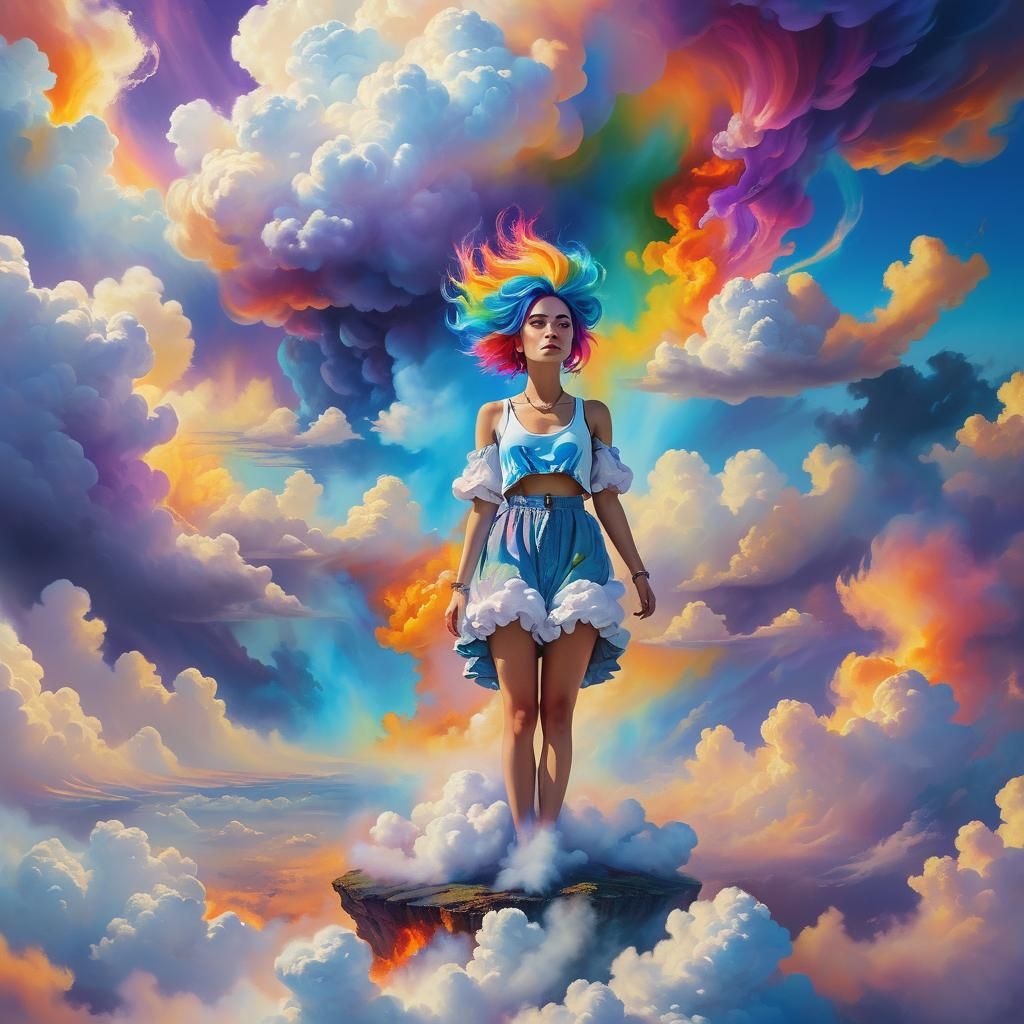 Rainbow Hair Woman Floating Above Fire Clouds
