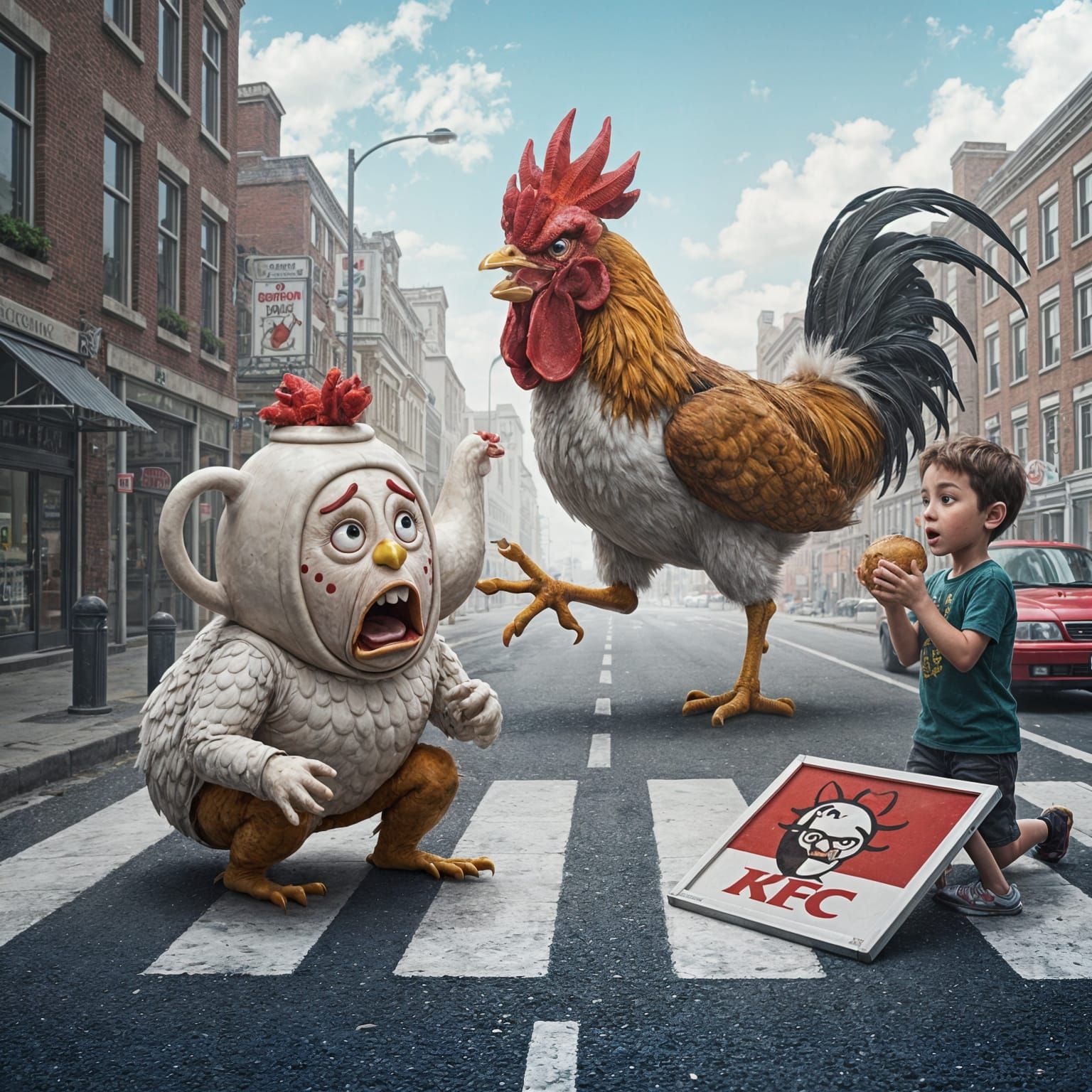 Terrified Teapot in Chicken Suit Runs from Rooster