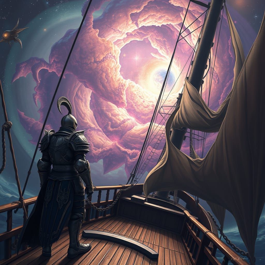 Knight on Ship Gazing at Cosmic Nebula