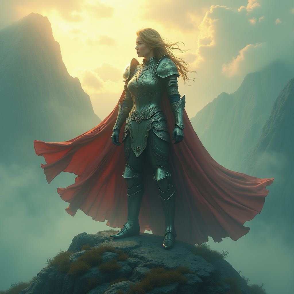 Heroic Female Warrior on Mystical Mountain Peak