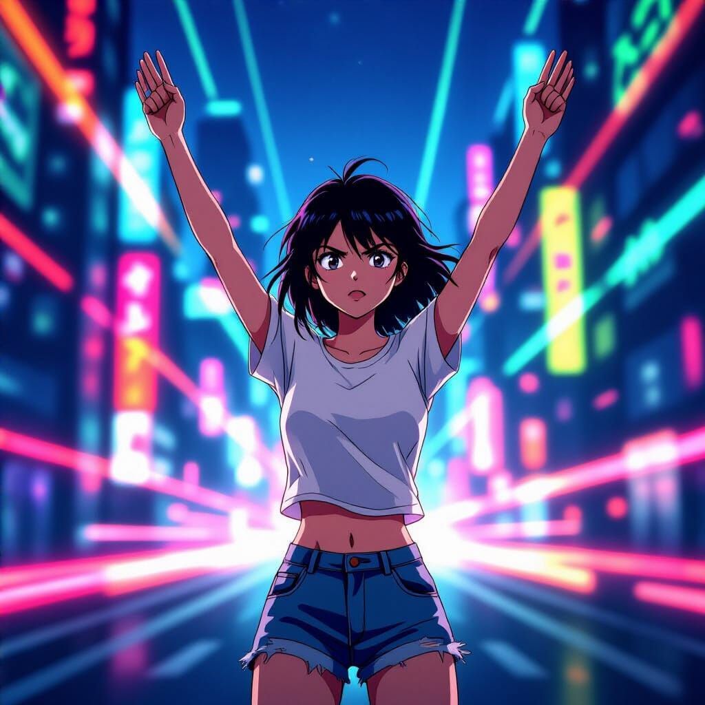 Determined Woman in Abstract Neon Cityscape Anime Style