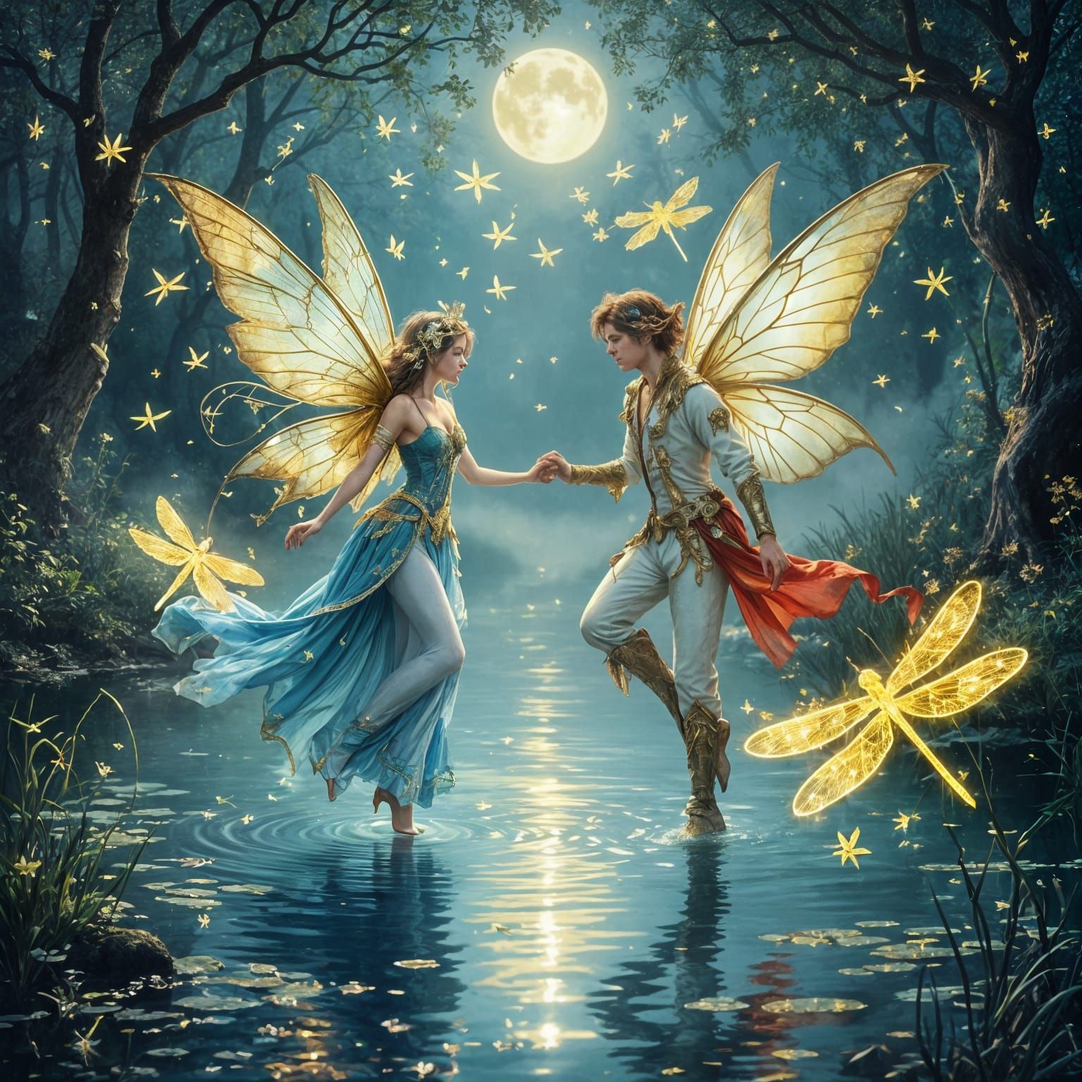 Fairies Dancing Over Ethereal Lake At Night