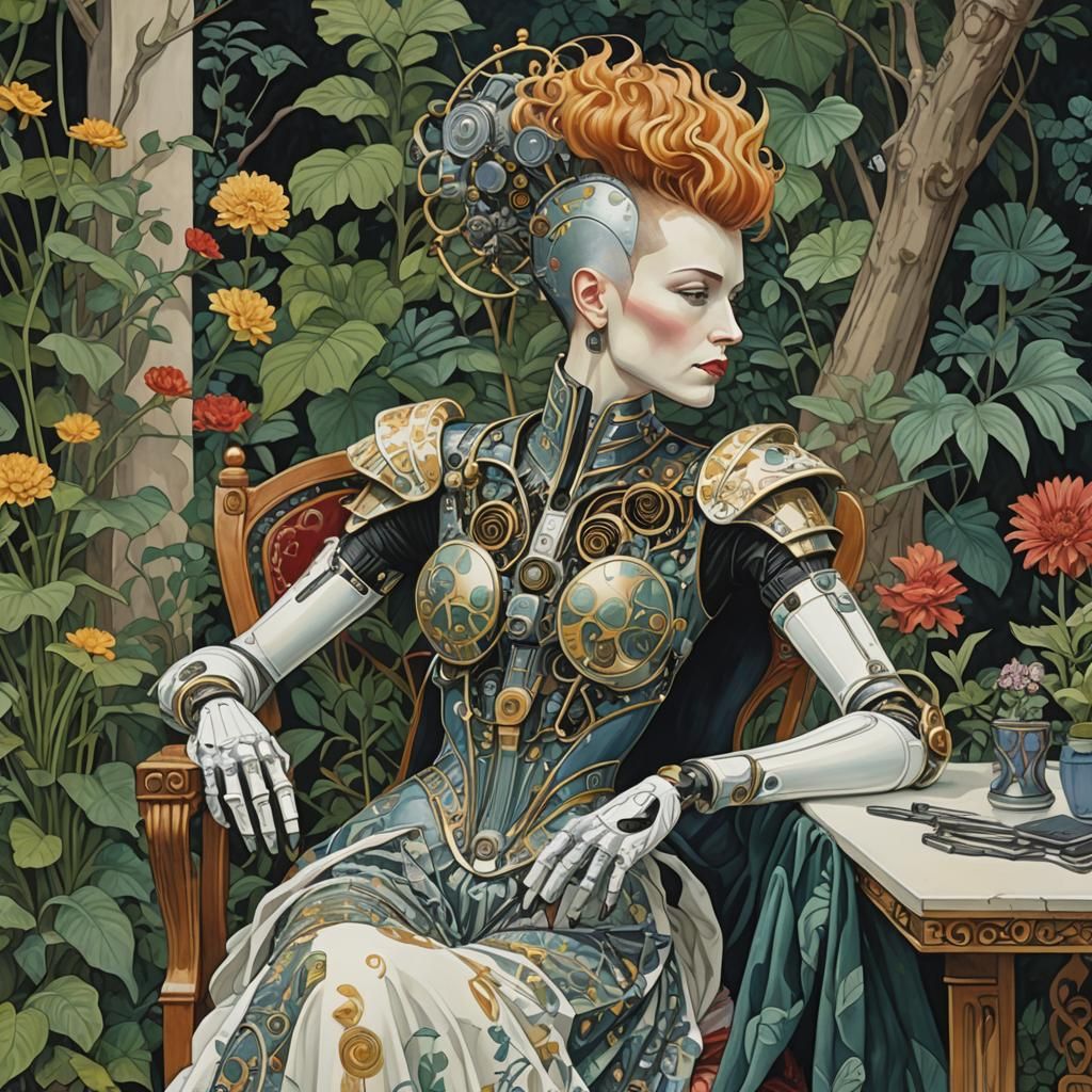 Art Nouveau Cybernetic Woman in Garden Setting
