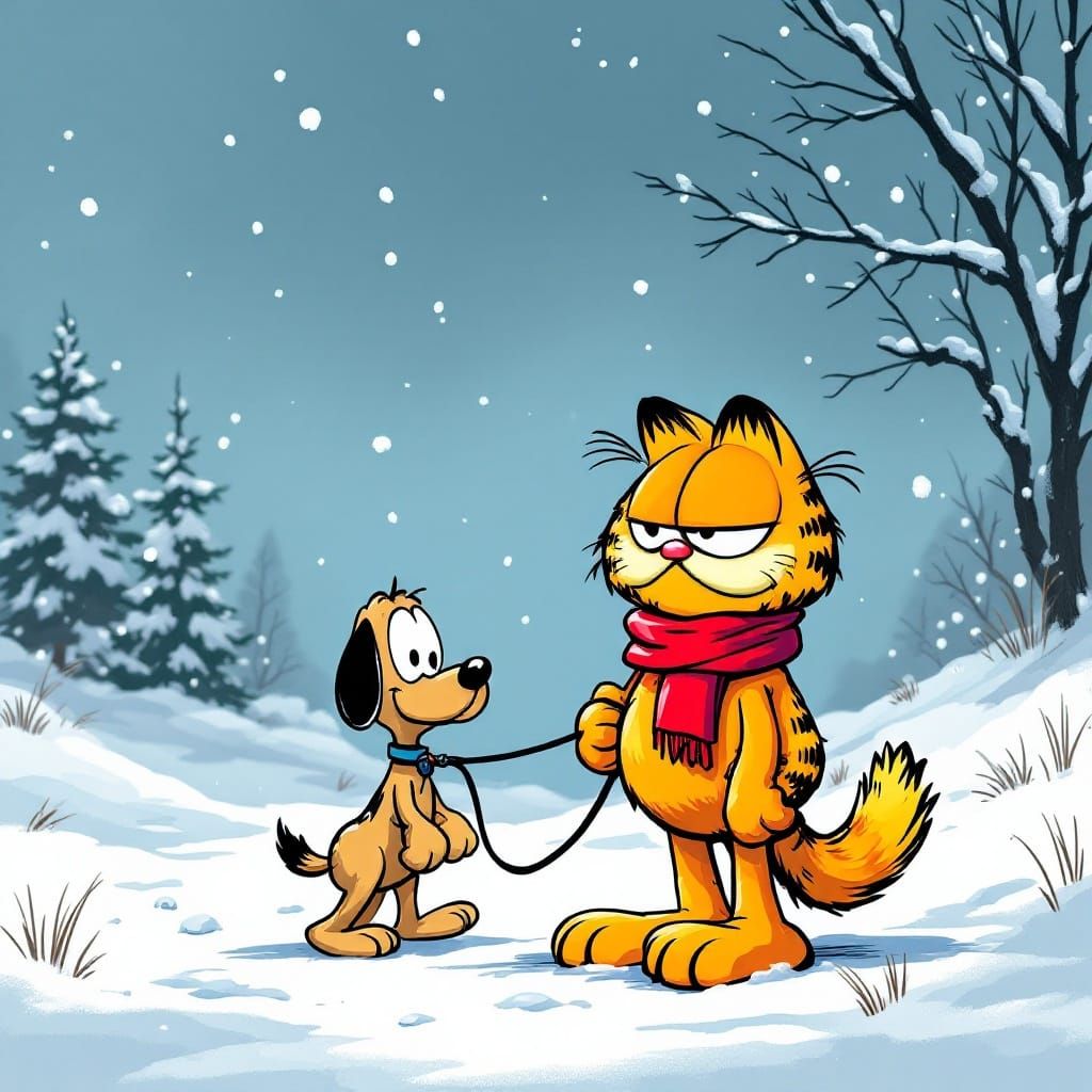 Garfield Walks Odie in Winter, Comic Strip Style