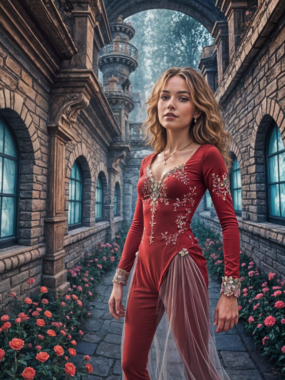 Elegant Woman in Whimsical Castle Setting
