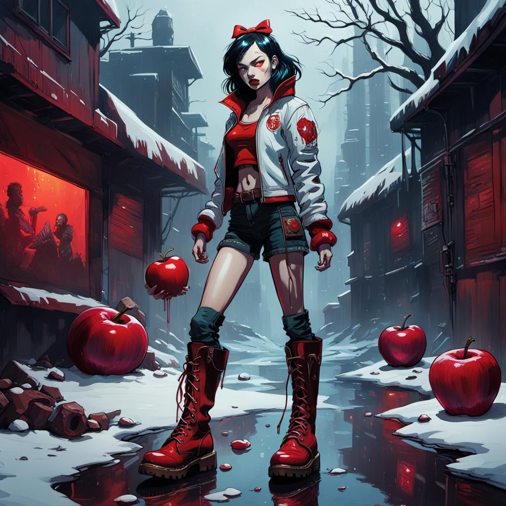 Punk snow white with big red boots 
Punk background 
Eating ...