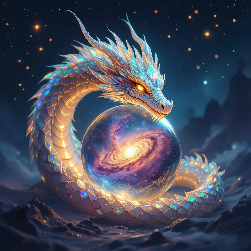 Celestial Dragon Protecting Galaxy in Glass Orb