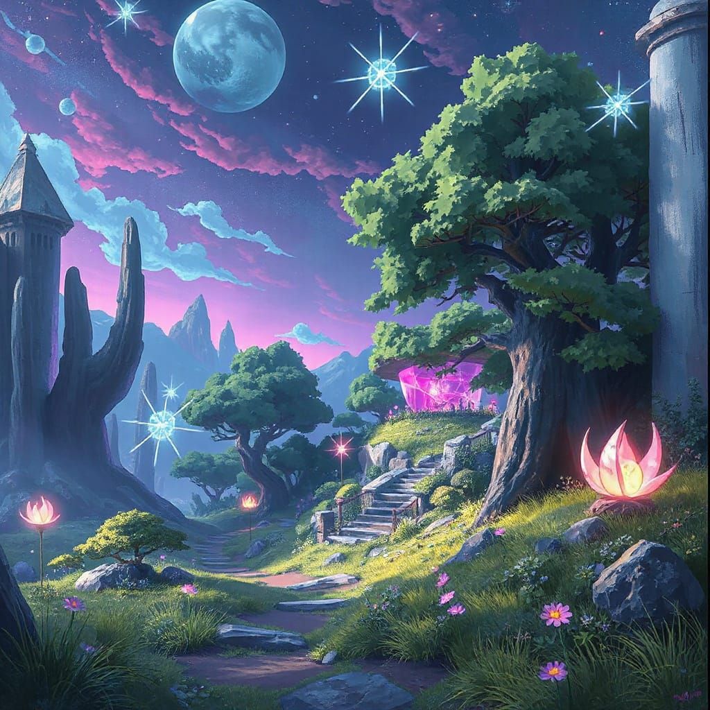Dreamy Whimsical Landscape with Neon Glow