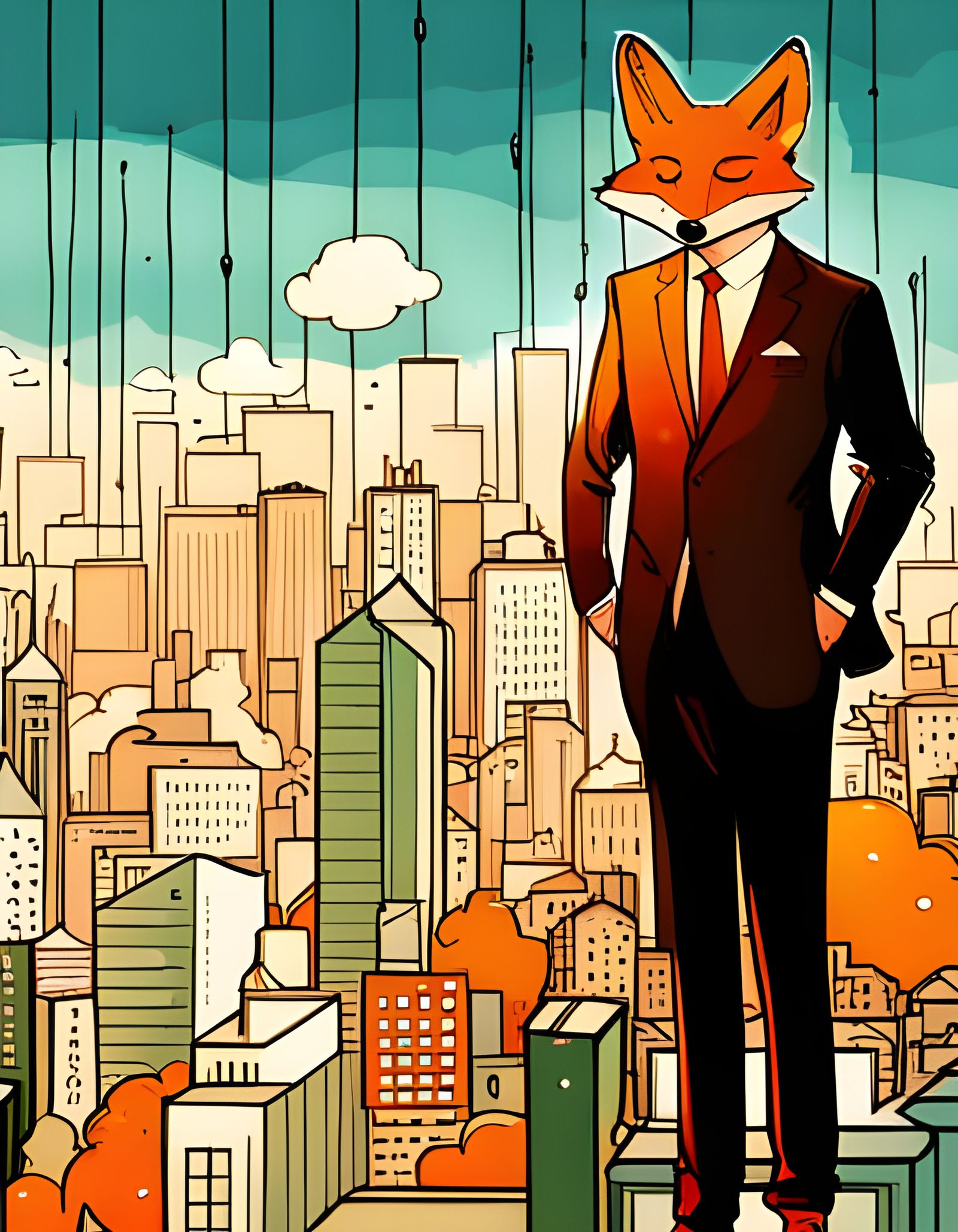 Anthropomorphic Birthday Fox in Cityscape Poster Art