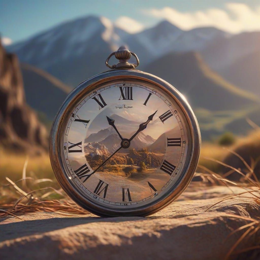 Hyperrealistic Clock Distorted by Wind with Joyful Figure