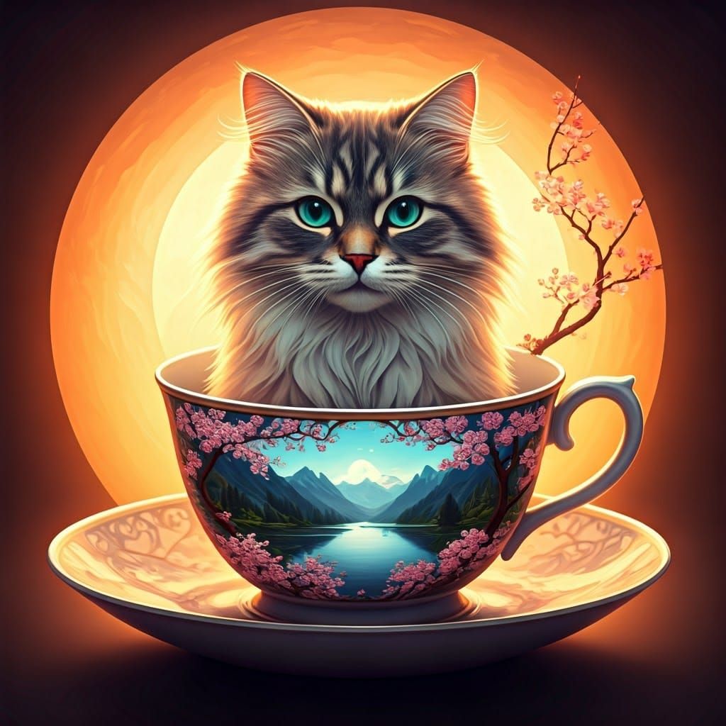 Cat in Teacup: Art Nouveau Digital Painting